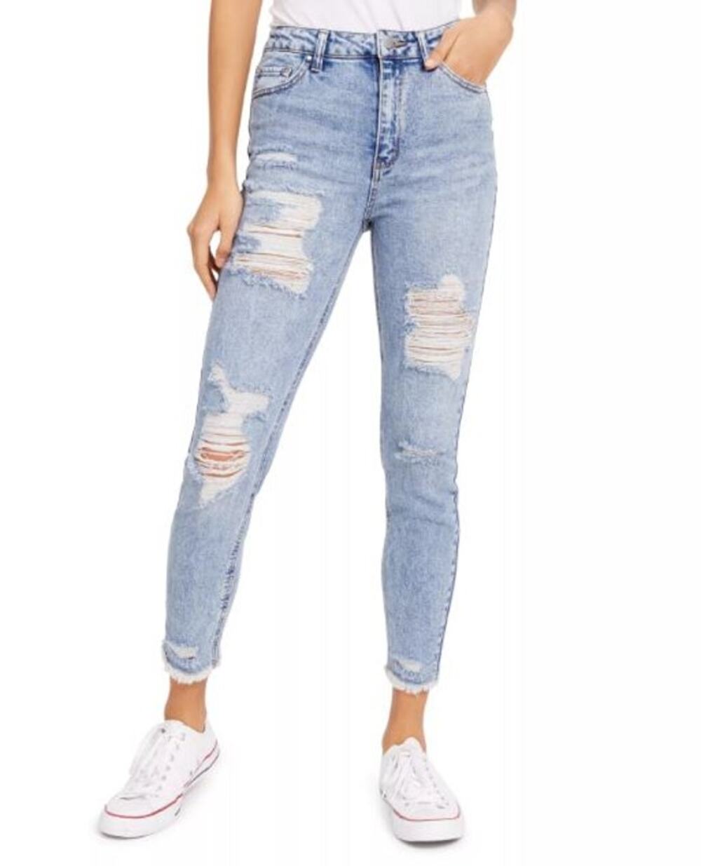 Tinseltown Women's High Rise Distressed Mom Jeans Skinny Leg Blue Size 1/25